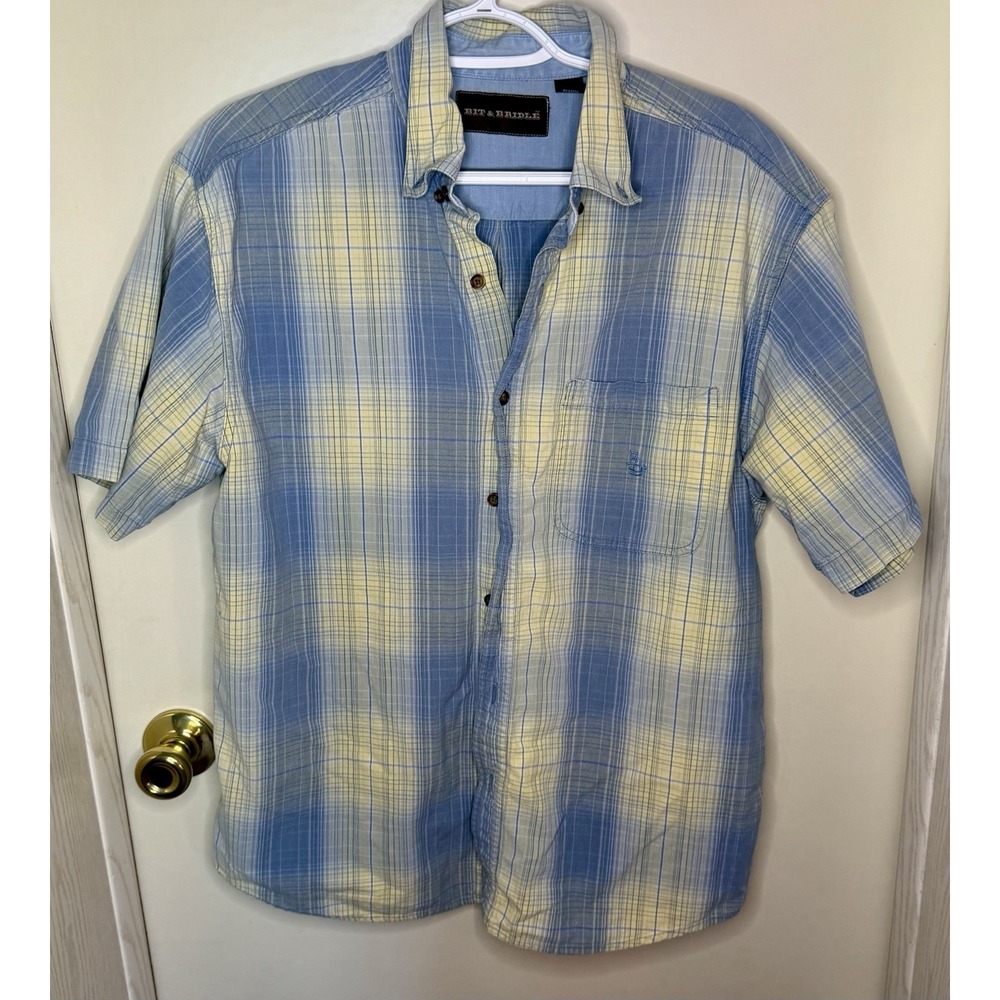 Mens Bit And Bridle Yellow And Blue Button Up Shirt Size L